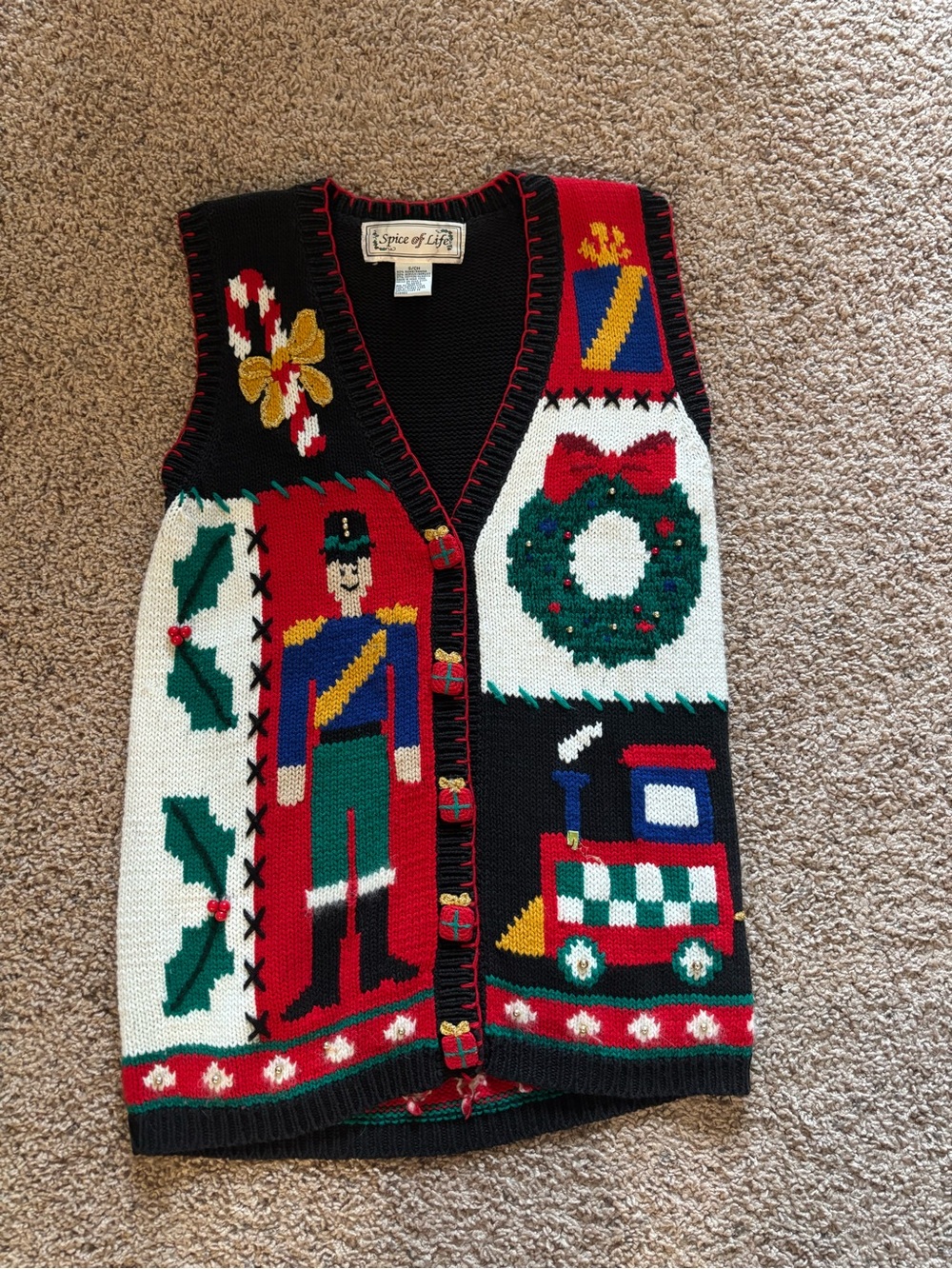 Vintage 90s Spice of Life Women's Black Holiday Knit Vest
